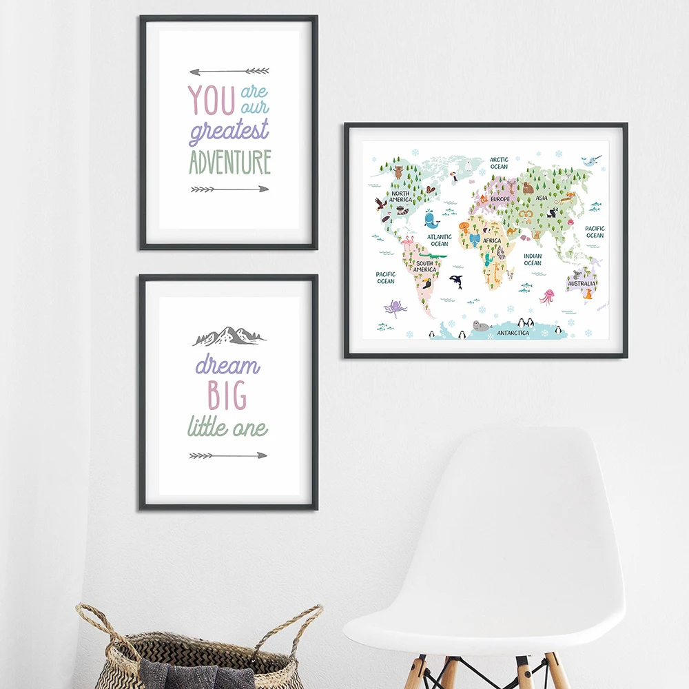 

Animal World Map Nursery Wall Art Canvas Painting Scandinavian Posters and Prints Cute Cartoon Animals Pictures Kids Room Decor