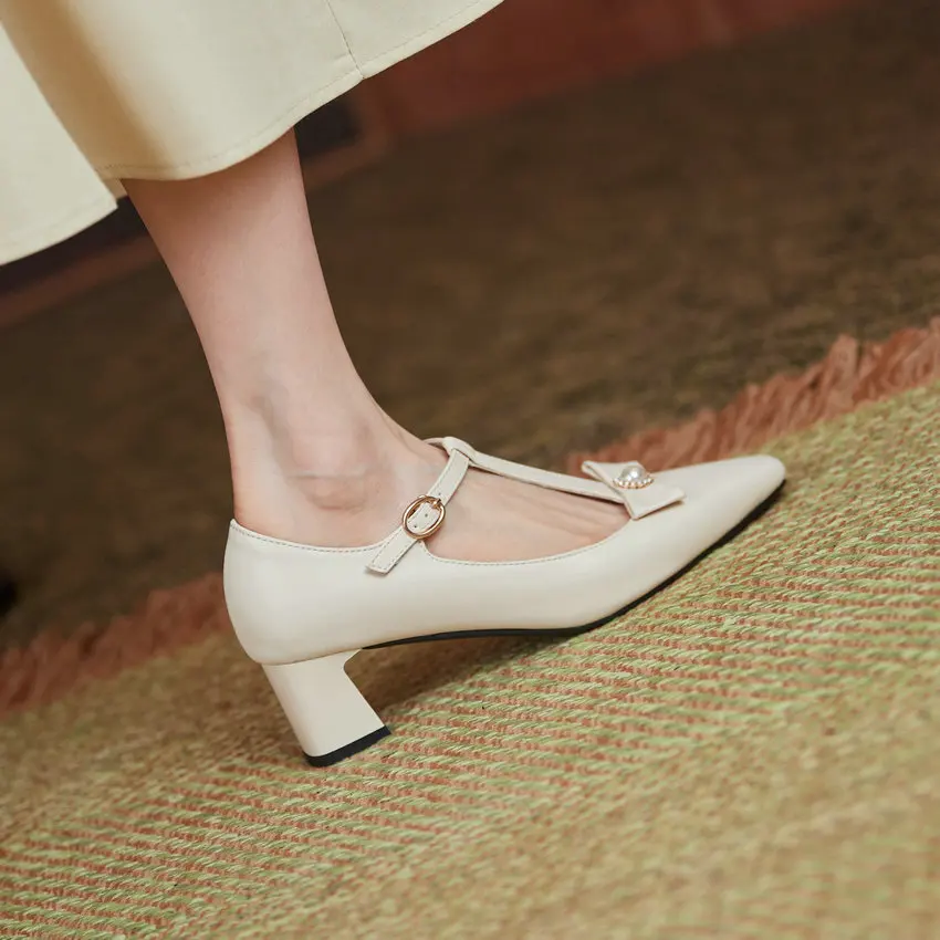 

QUTAA 2021 T Strap Buckle Square Toe Fashion Women Pumps Spring Autumn Microfiber Square Heel Female Shoes Big Size 34-43