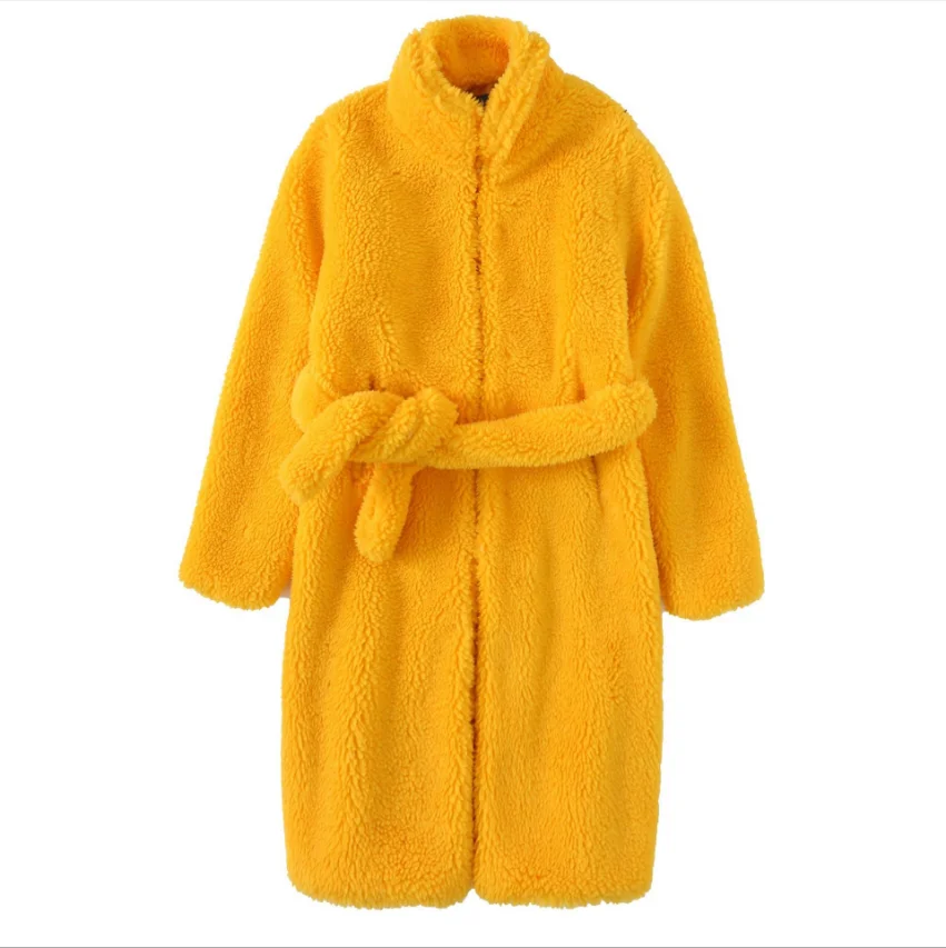 

2020 Winter Women Solid Keep Warm Long Fur Coats Plus Size Fashion Stand Collar Sashes Lace-up Pockets Mid-Calf Cardigan Coat