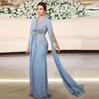 Женское вечернее платье-русалка, голубое винтажное платье с длинным рукавом и бисером, модель 2021