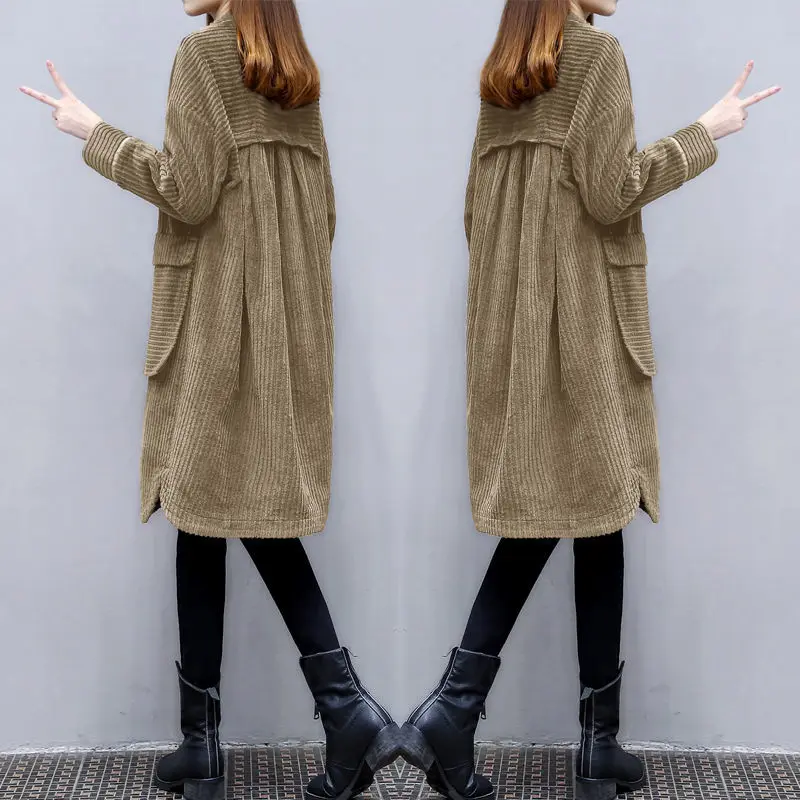 

Retro Corduroy O-neck Single-Breasted Mid-Length Jackets Women 2020 Fall Loose Big Pocket Coat Vintage Long Sleeve Outerwear Top