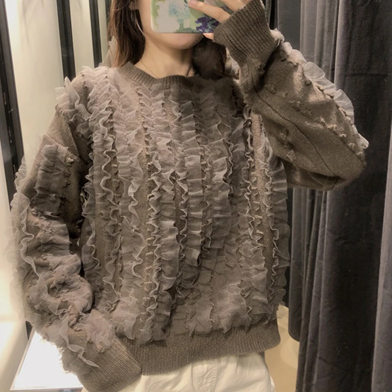 

Вязаный свитер, пуловеры 2020, зимний женский свитер с длинным рукавом, пуловеры, шикарные топы, Дымчатая кружевная пышная женская рубашка, од...