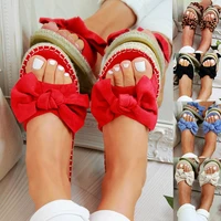 2021 newest women sandals bow leopard slipper summer open toe platform flats slide ladies fashion hollow light slip on shoes
