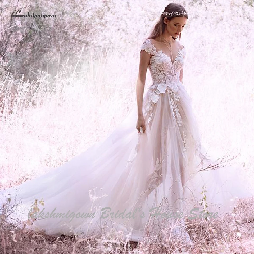 Lakshmigown ТРАПЕЦИЕВИДНОЕ платье принцессы, невесты Robe Mariee Boho Свадебные платья 3D Цветы Mariage Длинные свадебные халаты с длинным шлейфом