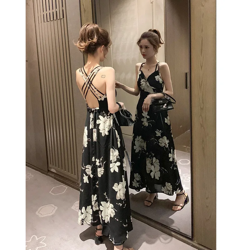 

2020 medium long printed sexy suspender dress women's holiday beach dress