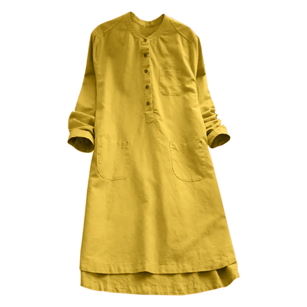 

Women Retro Long Sleeve Basic Solid Color Casual Loose Summer Dresses Button Tops Blouse Half Sleeve Mini Buttoned Shirt Dress