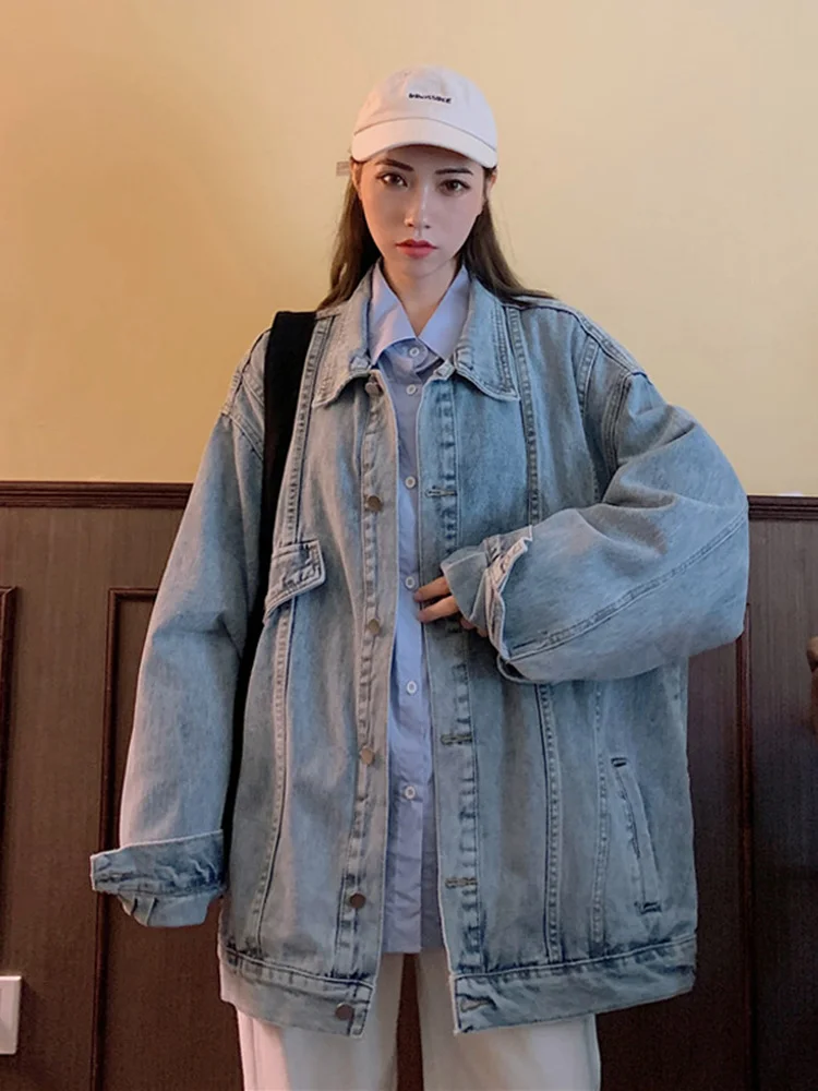 Женская джинсовая куртка свободная универсальная с длинным рукавом в Корейском
