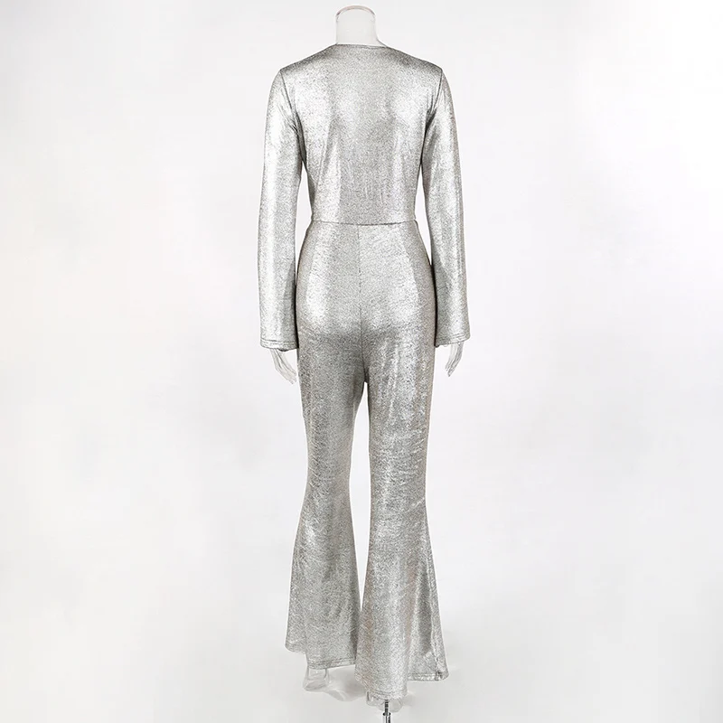 

Sexy Party Women 's Glitter Jumpsuits Skinny Ruffles V-neck Trumpet Party Long Sleeve Spring 2020 Autumn Elegant Jumpsuit Female