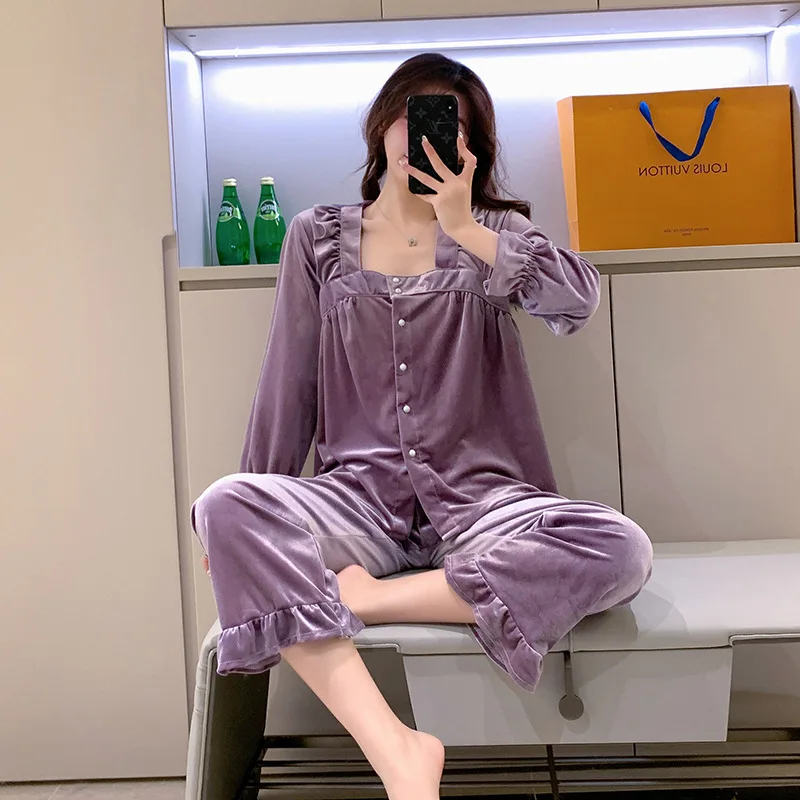 

Velour Women Autumn New Sleep Set Velvet Long Sleeve Nightwear 2PCS Pajamas Suit Homewear Home Clothing Intimate Lingerie