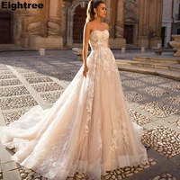 eightree strapless a line lace wedding dresses elegant appliques sleeveless bride dress court train backless custom wedding gown