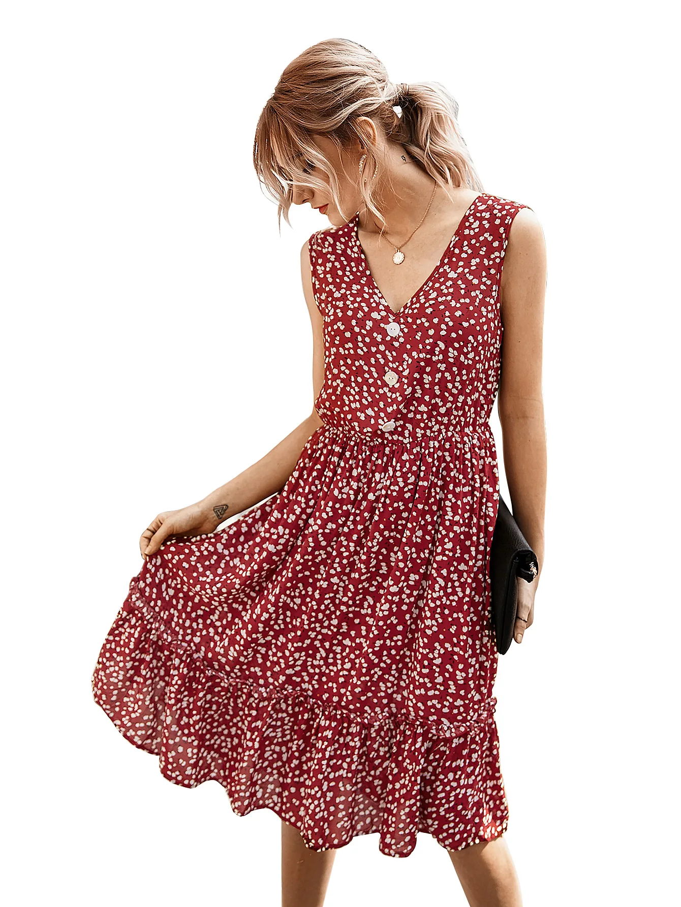 

2021 Summer Women's Dress Small Floral V-neck Dress Commuter Dress Print Sleeveless Dress Button High-waisted Women Dress