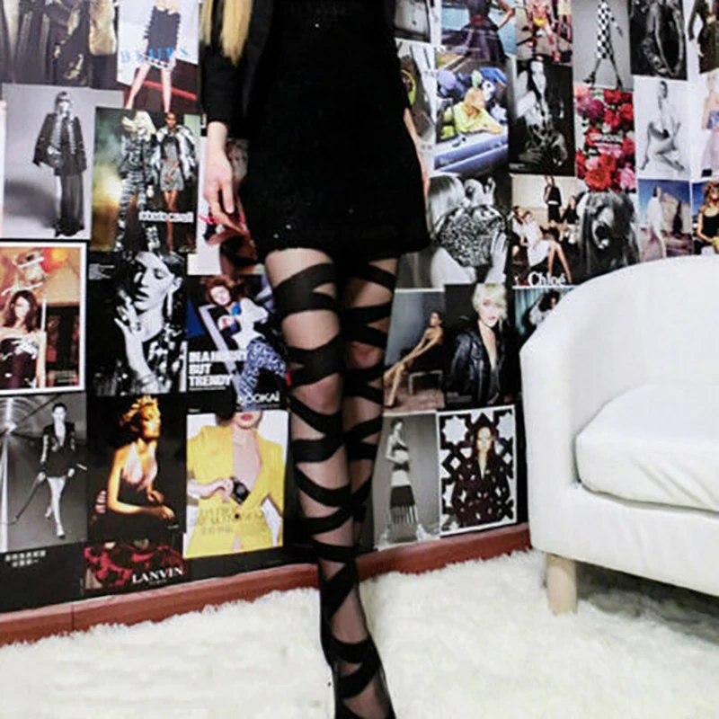 Колготки женские имитация банта черные сетчатые Чулочные изделия в полоску для