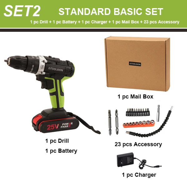 SET2 (1 pc Battery) 25 в ударная электрическая отвертка литиевая батарея электрический молоток дрель Электрическая Дрель ударная отвертка электроинструменты для дома DIY - Цвет: SET2 (1 pc Battery)