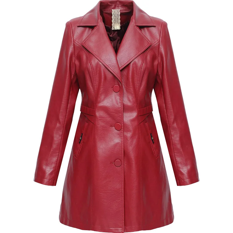 Medium and long fashion leather clothes autumn 2021 Lapel long sleeve slim fit commuter temperament windbreaker coat enlarge