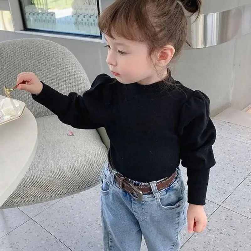 

Girls Tshirt Puff Sleeve Turtleneck Autumn T Shirt Pink Black Lantern Sleeve T-shirt Kids Clothes Autumn Winter Tops 2020 New