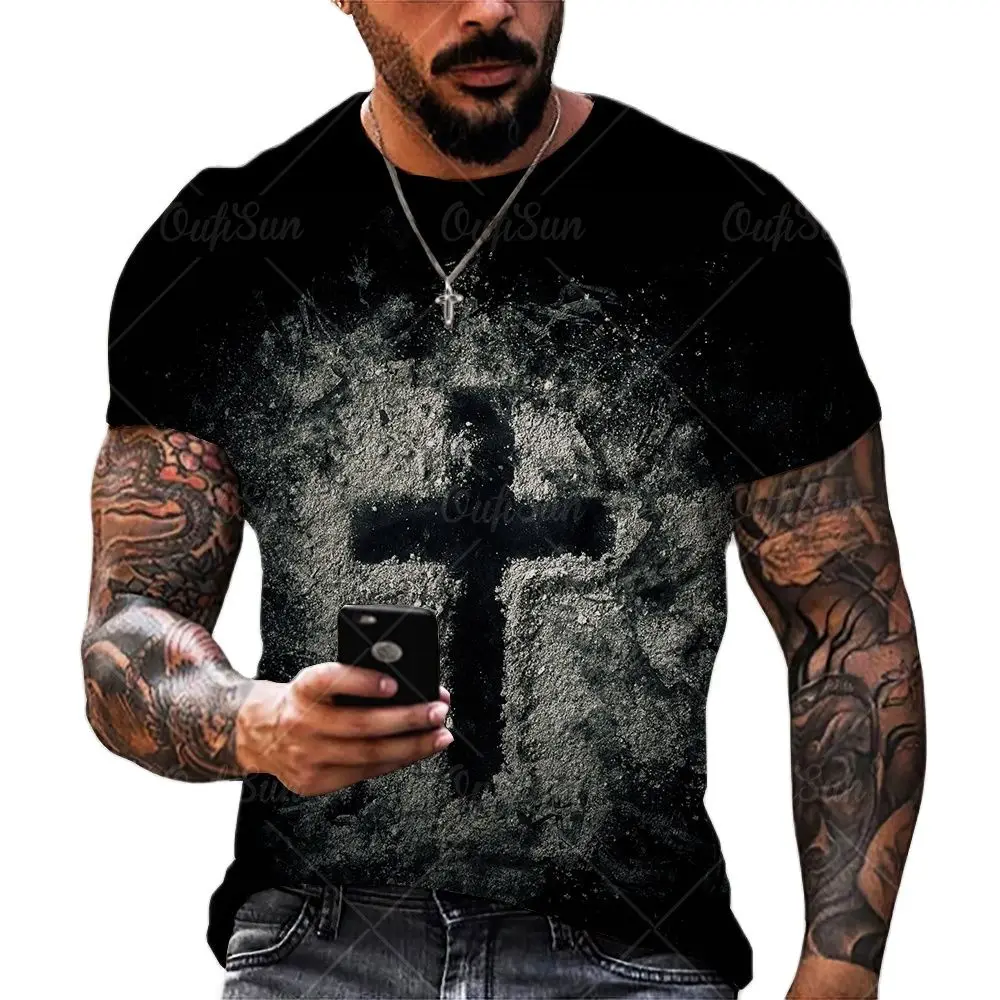 

Jesus Red Cross Paint Style Large Size Front Graphic Men T-shirt Print T Shirts Men Summer Short Sleeves Cotton