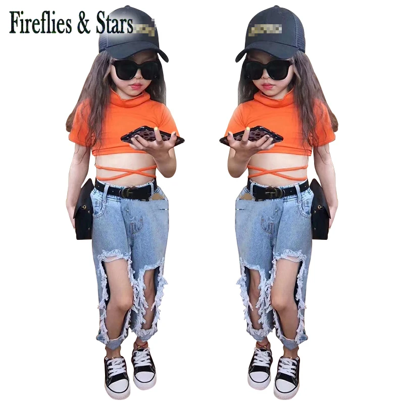 Летние джинсы для девочек детские джинсовые брюки модная уличная одежда рваные