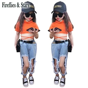 Летние джинсы для девочек, детские джинсовые брюки, детские брюки, модная уличная одежда, рваные до колена, от 2 до 7 лет