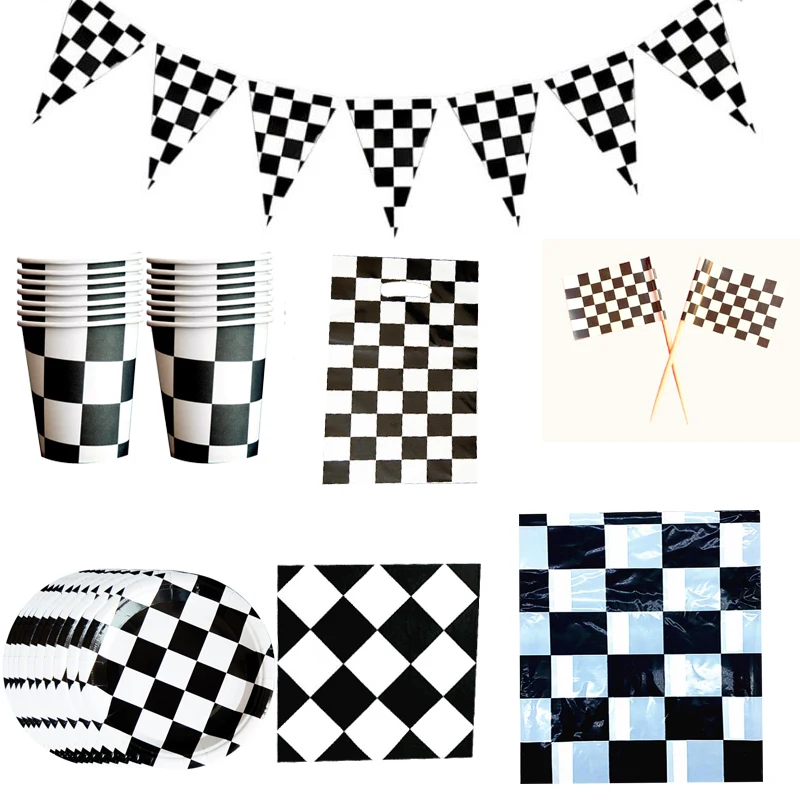

85pcs/lot Happy Birthday Party Black White Grid Gifts Bags Napkins Banner Plates Tablecloth Cake Toppers Kids Favors Cups