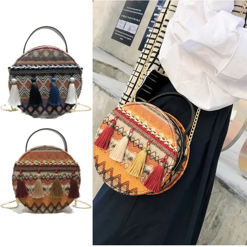 

Unique national style hand chain small round bag retro fringe tote bag shoulder crossbody bag handbag