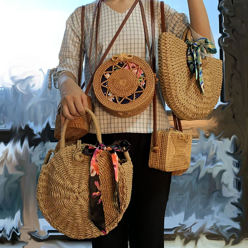 Woven Rattan Bag Round Straw Crossbody Bags Travel Small Beach HandBags Women Summer Hollow Handmade Shoulder |