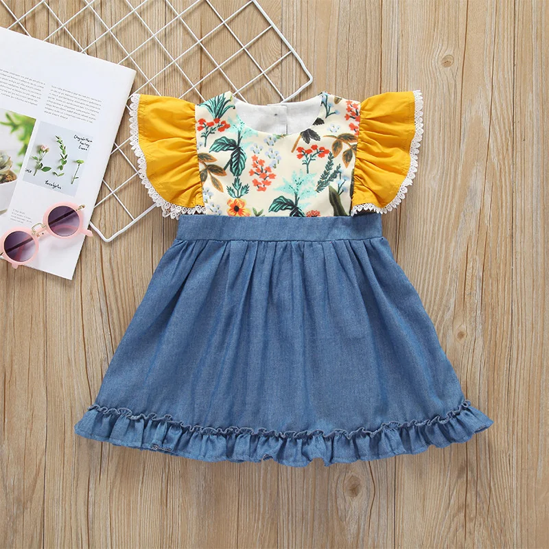 

Baby Girls' Dresses 2021 Summer Flower Print Round Neck Flying Sleeve Stitching Denim Dress Casual Clothes 1-4Years