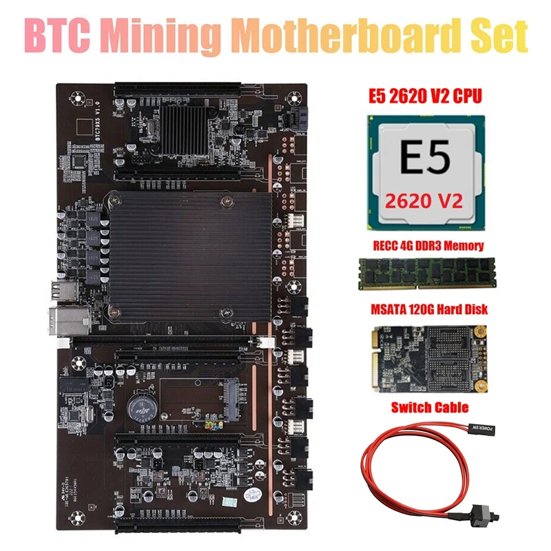

H61 X79 BTC Mining Motherboard with E5 2620 V2 CPU+RECC 4G DDR3 Ram+120G SSD+Switch Cable Support 3060 3070 3080 GPU