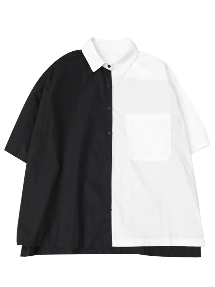 

Yamamoto Dark Wind Loose blusas Summer Black and White Contrast Stitching Shirt Women's Top Womens Tops and Blouses