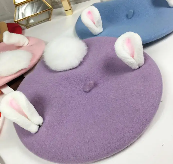 Handmade Wool Felt Berets Women Fashion Valentine's Day Gift Cute Rabbit Ears Winter Hat For Vintage Pink Caps | Аксессуары для