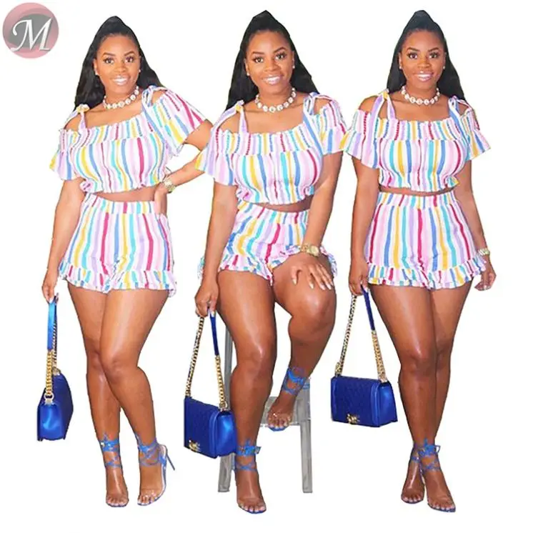 Летняя женская одежда оптом радужная полоса с рюшами комплект из двух предметов