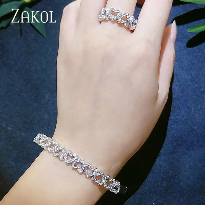ZAKOL Romantic Heart Bridal Jewelry Cubic Zirconia Ring Bracelet Set for Women Wedding Dinner Party Dress Accessories FSSP1009 | Украшения