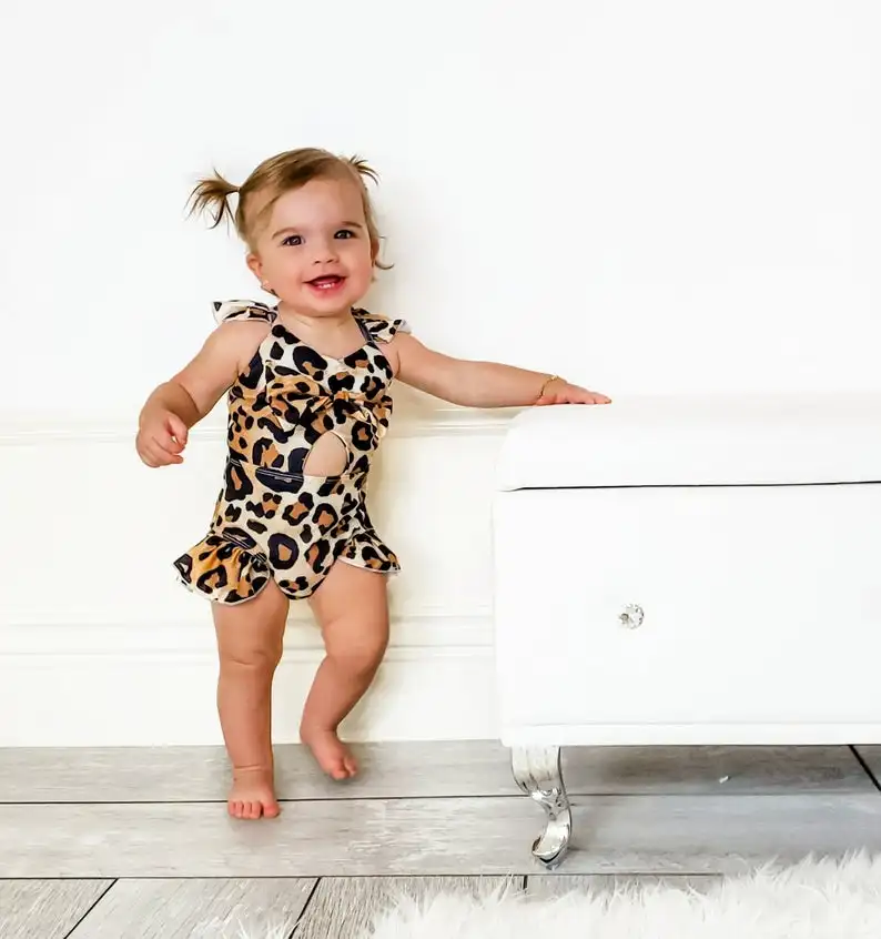 

0-4Y Summer Kids Girls Boys One Piece Swimwear Floral Leopard Snakeskin Print Bowknot Beachwear