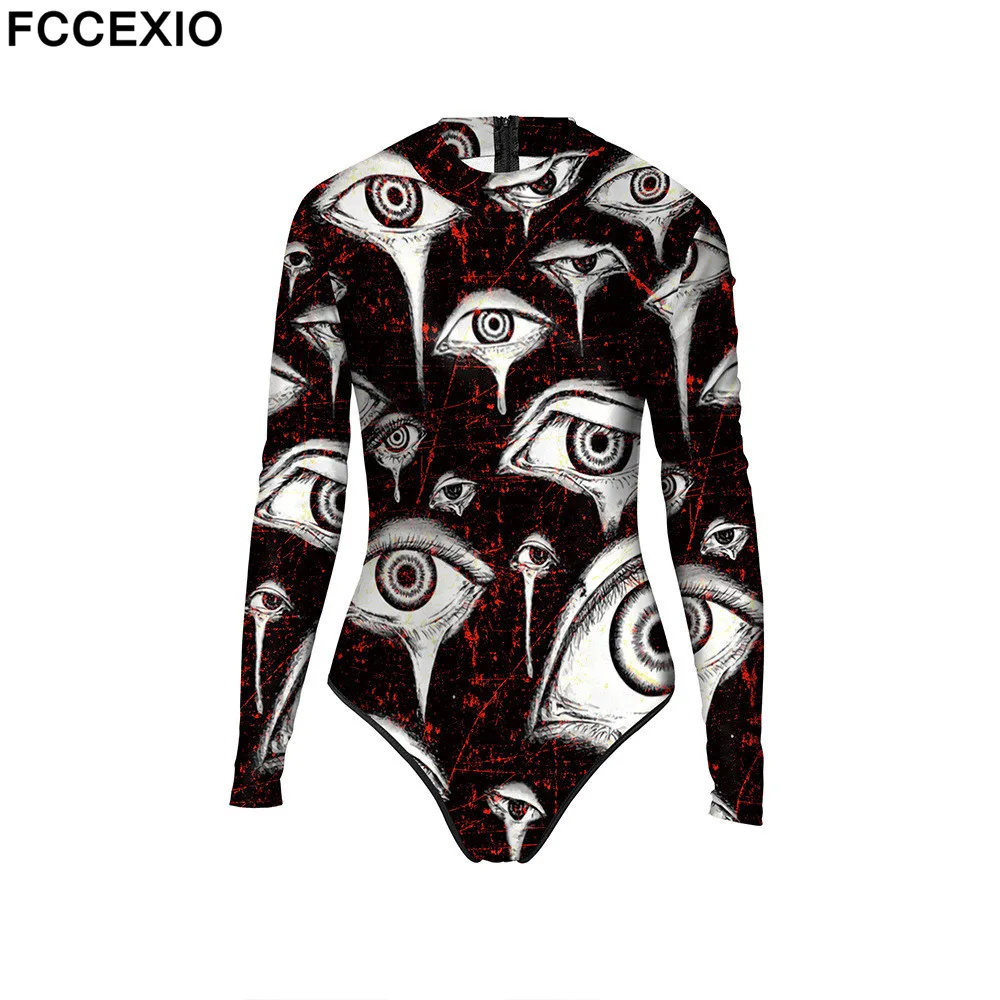 

FCCEXIO Halloween Scary Eyes Print Women One-Piece Swimsuit Summer Casual Long Sleeve Beachwear Bathing Suit Sexy Tight Swimwear