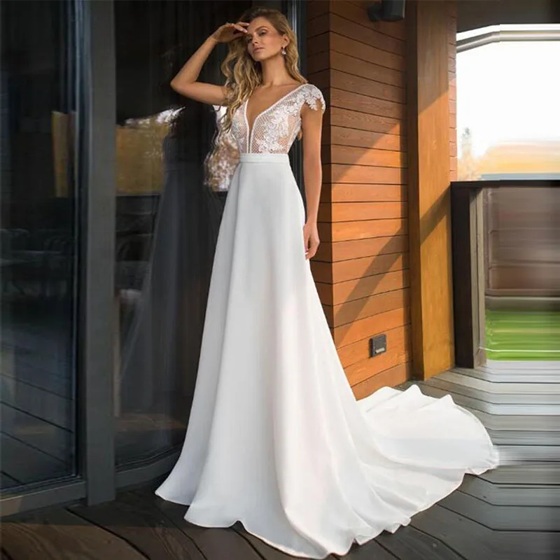 

Женское свадебное платье TIXLEAR в стиле бохо с глубоким V-образным вырезом, элегантное кружевное платье-трапеция с аппликацией и рукавами-крылышками, длинное платье для невесты с открытой спиной, 2023