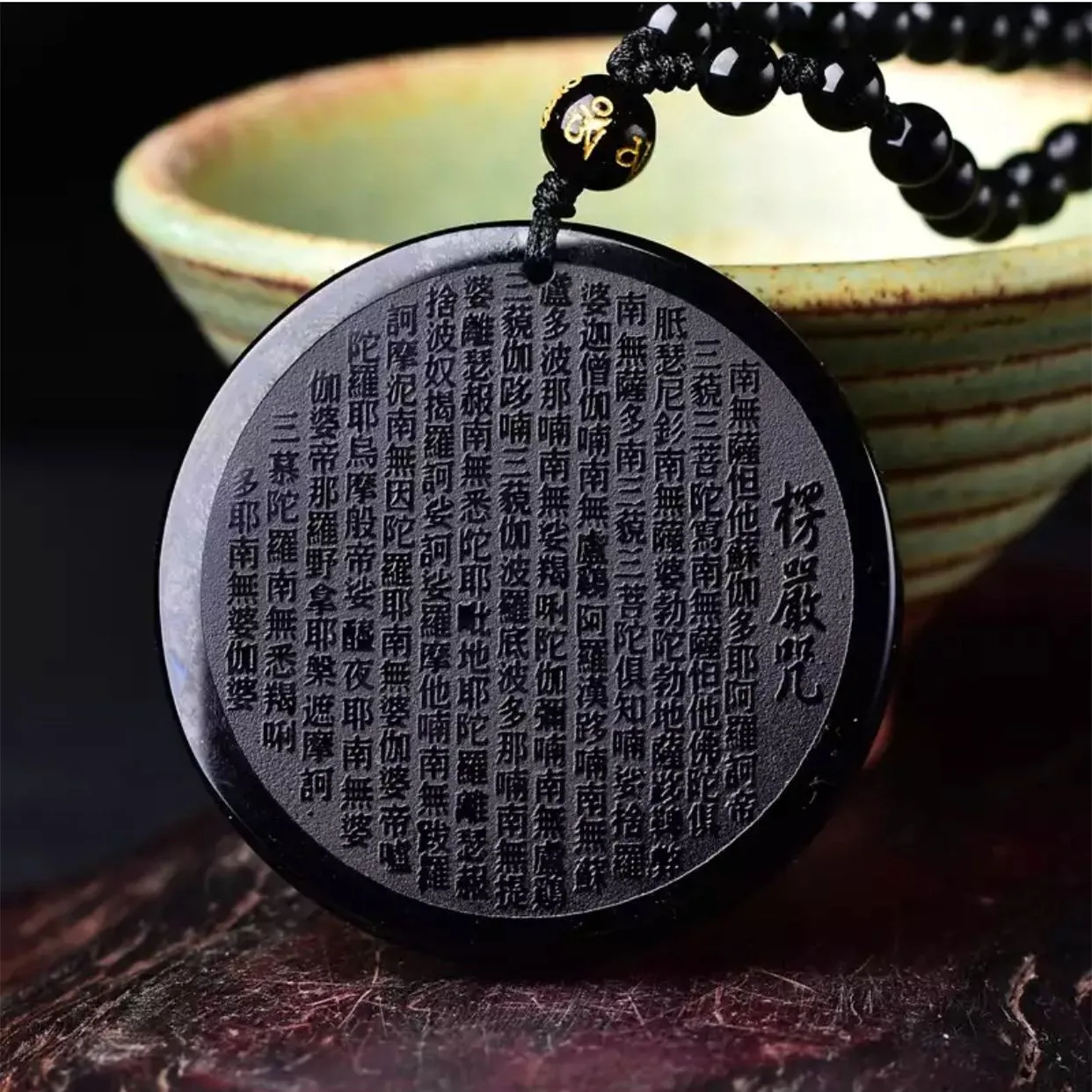 Natural Black Ice Obsidian Handwork Chinese Buddhism Words Heart Sutra Hollow Pendant + Black Beads Necklace Fine Charm Jewelry