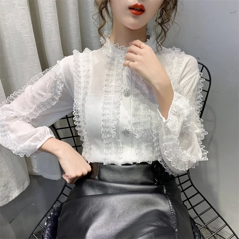 

Женская рубашка свободного покроя, повседневная шифоновая блузка с длинным рукавом, однотонные кружевные блузки для офиса, весна-лето 2020