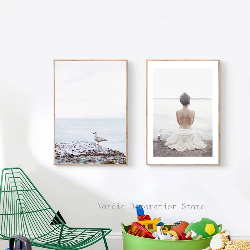 Nordic Sea Beach Beautiful Girl Posters And Prints Birds Wall Art Canvas Painting Two Pictures For Living Room Unframed | Дом и сад