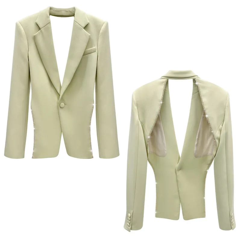 

DEAT 2021 new spring fashion women clothes notched stone spliced single button high waist green color slim blazer WO18006L