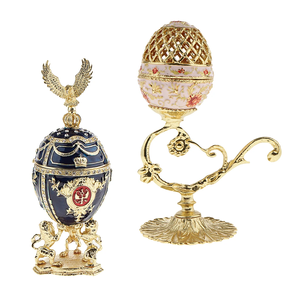

2Pcs Easter Enamel Metal Embroidery Figurine Egg Case Jewelry Box Organizers