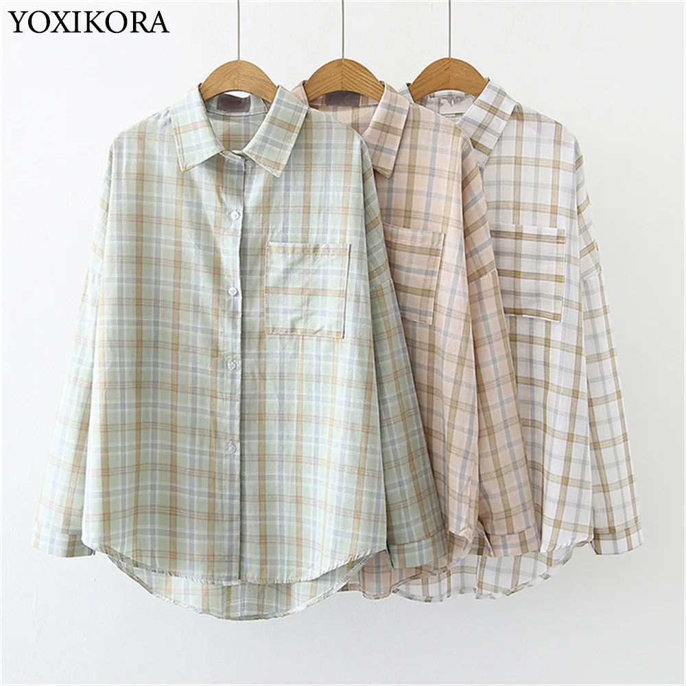 

Spring And Autumn Long Sleeve Shirt Loose Korean Retro Hong Kong Flavor Cotton Women's Top Jacket Plaid Shirt Female
