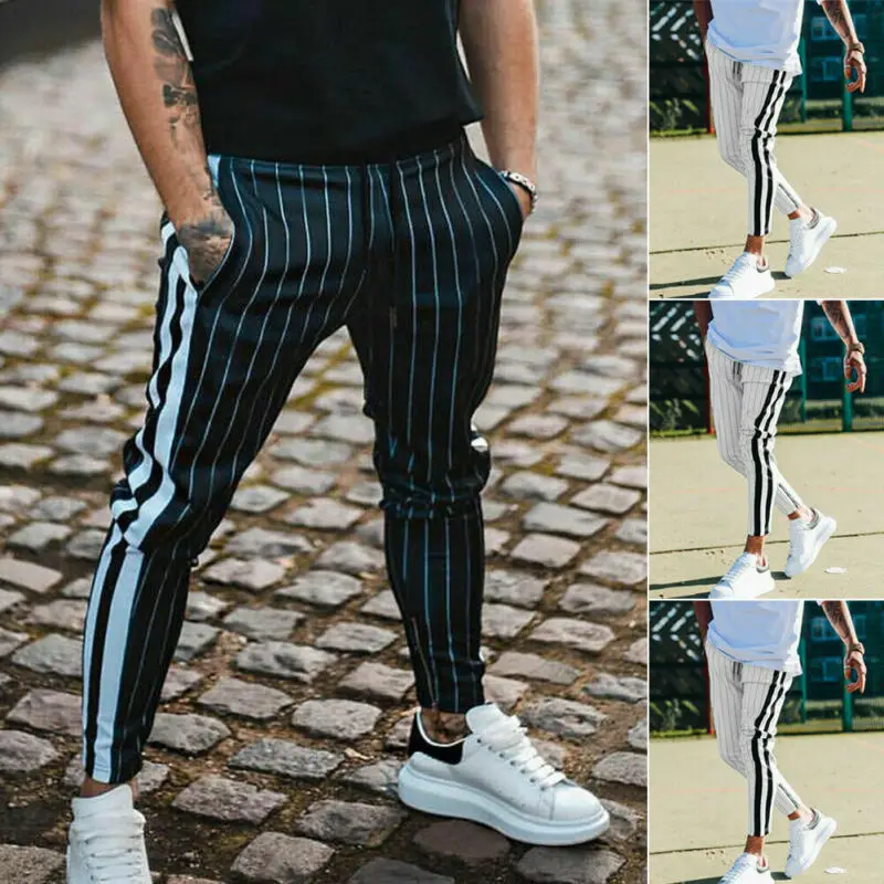 

Fashion Men England Style Striped Pants Male New Long Pencil Joggers Pants Casual Trousers Drawstring Side Stripe Slacks 2021