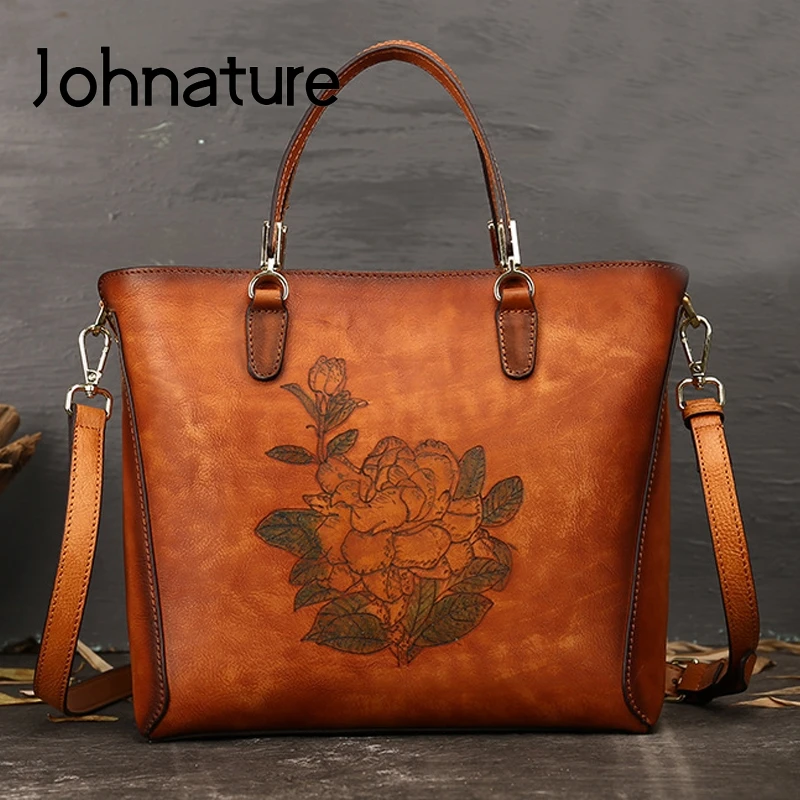 Johnature 2021 New Retro Hand Painted Women Bag First Layer Cow Leather Luxury Handbag Large Capacity Casual Tote Shoulder Bags |