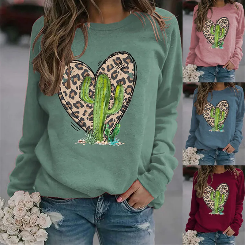 Winter women's round neck sweater, retro cactus and leopard print love, long-sleeved coat, cotton women's casual top