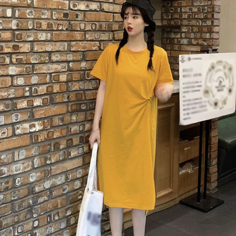 

Summer Women Dress Solid Color Small Pleated Short-Sleeved Loose Dress Female High Waist Fashion Dress
