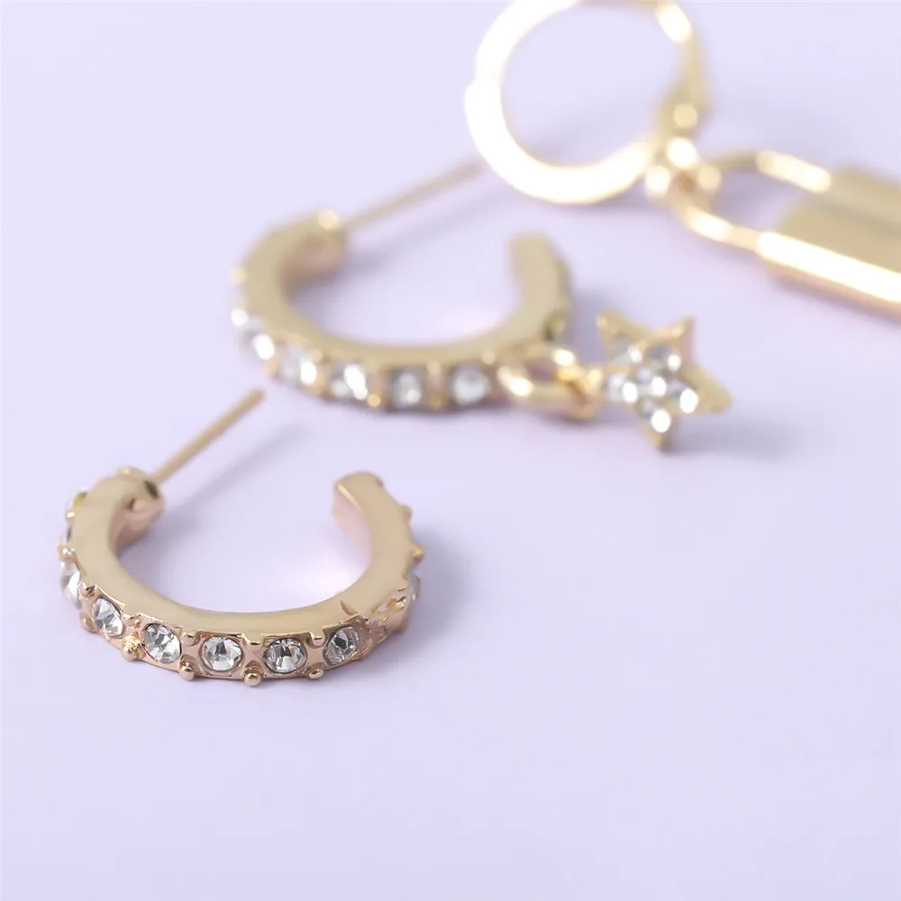 3Pcs/Set Shiny Crystal Star Lock Dangle Earrings for Female 2020 Trendy Tiny Charm Earrrings Set Party Jewelry Gift | Украшения и