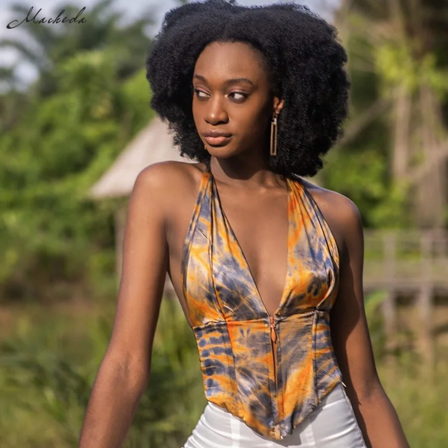 

Macheda Autumn Sexy Backless Slim Tank Top Women Fashion Sleeveless Lace Up V Neck Clothing Lady printing Crop Top 2020 New