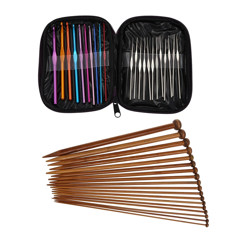 

HOT 22Pcs Mixed Aluminum Handle Crochet Hook Knitting Knit Needle Weave Yarn Set & 36Pcs 18 Sizes Carbonized Bamboo Knitting Nee