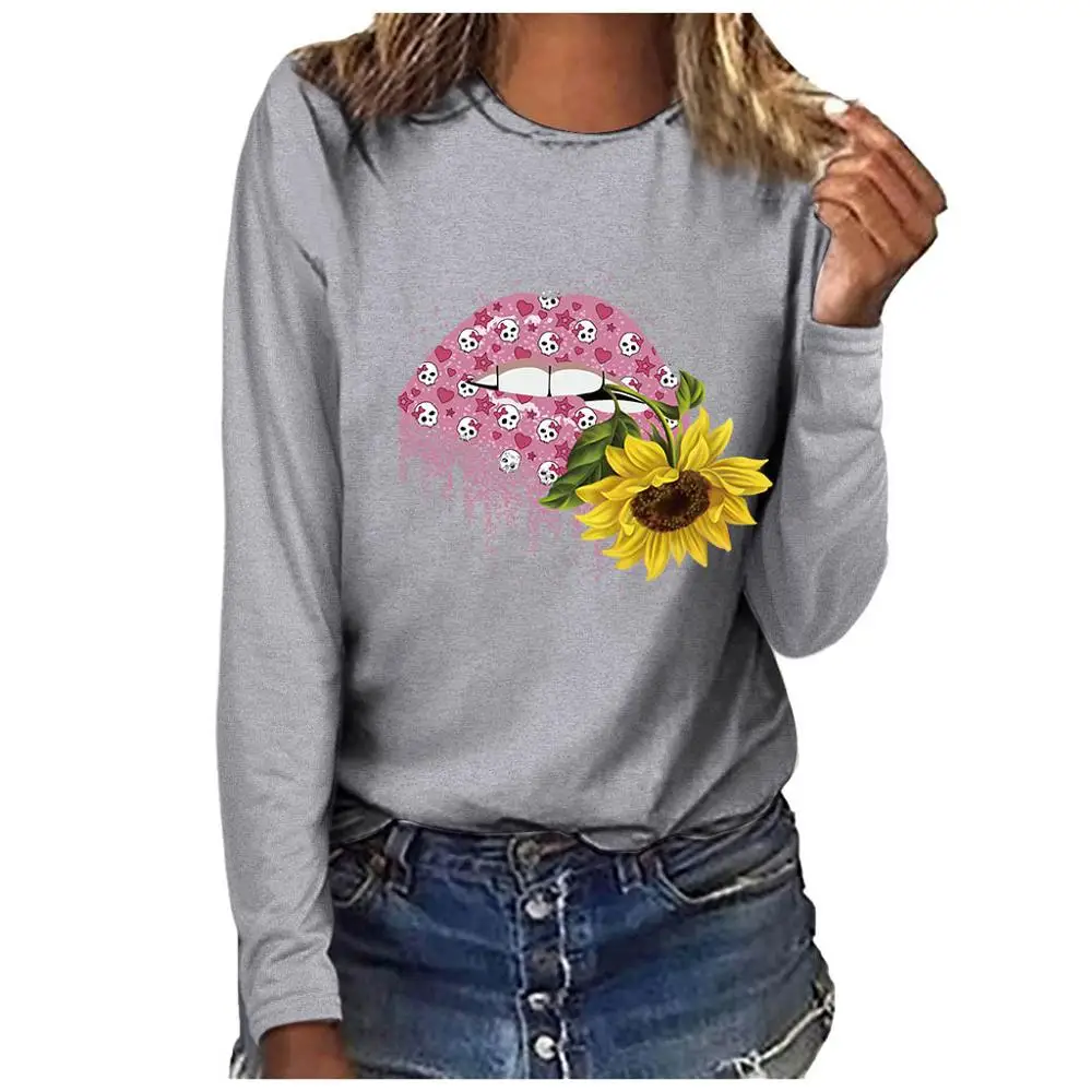 Женские топы уличная мода плюс размер круглый вырез с длинными рукавами футболка