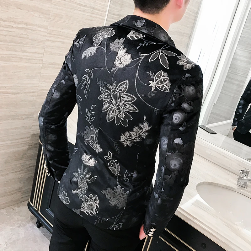 

Loldeal Men Stylish Shawl Lapel Royal Blue Velvet Slim Fit Blazer Plus Size Gold Floral Sequins DJ Singer