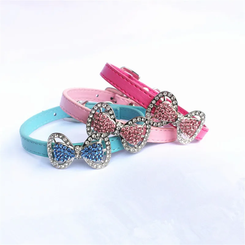 Bling Rhinestone Bowtie Doggy Collar Luxury PU Leather Small Pets Belts Cheap Cute Kitty Collars | Дом и сад